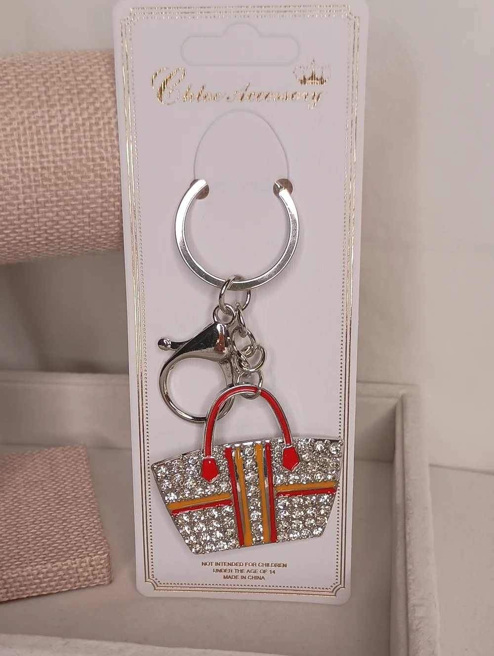Women's Rhinestone Orange Handbag Purse Keychain | SILVER Tone Bag Charm Orange